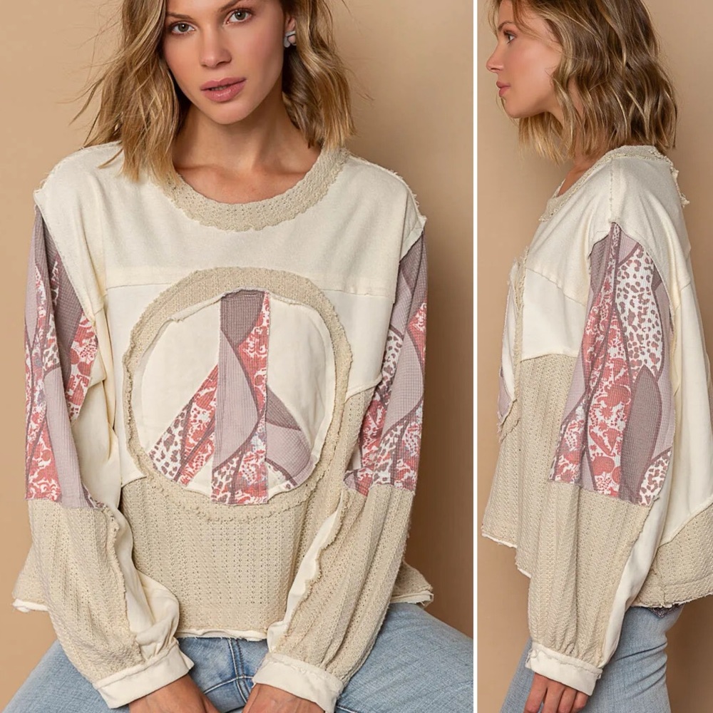 POL Long Sleeve Peace Emblem Top in Milk